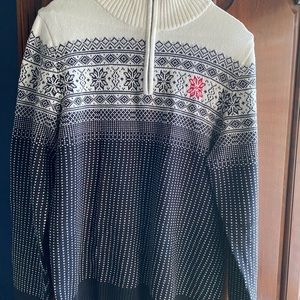 Talbots Large quarter-zip sweater. Winter white, black, pop of red